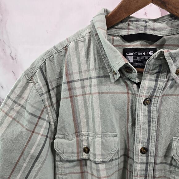 Carhartt Shirt Mens Large Green Short Sleeve Button Up Plaid Collared Loose Fit - Picture 2 of 11